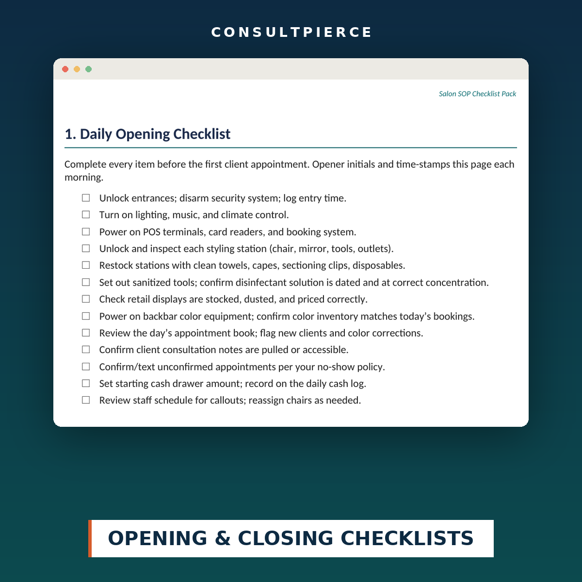 Salon SOP Checklist Pack - Opening and Closing Checklists preview