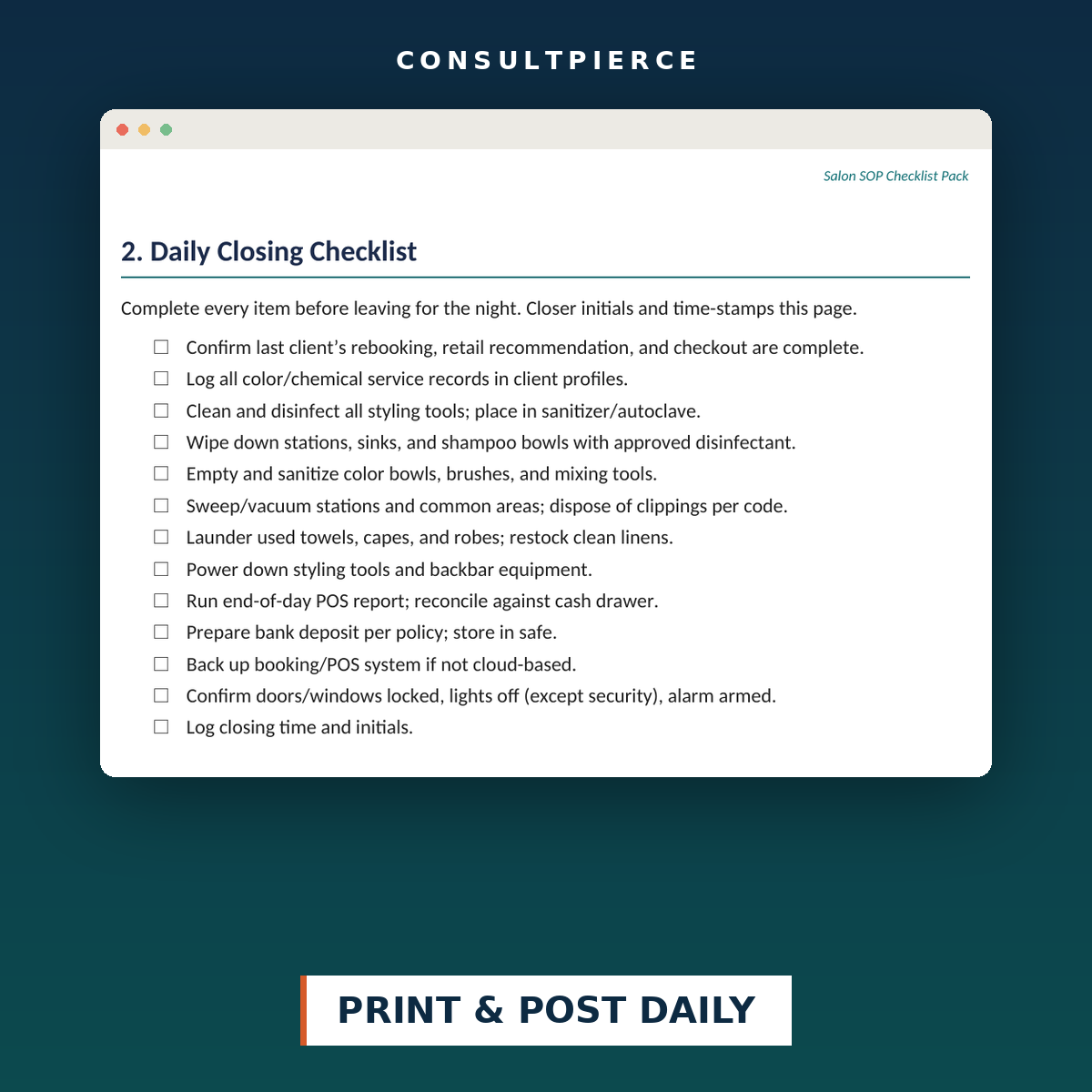 Salon SOP Checklist Pack - Print and Post Daily preview