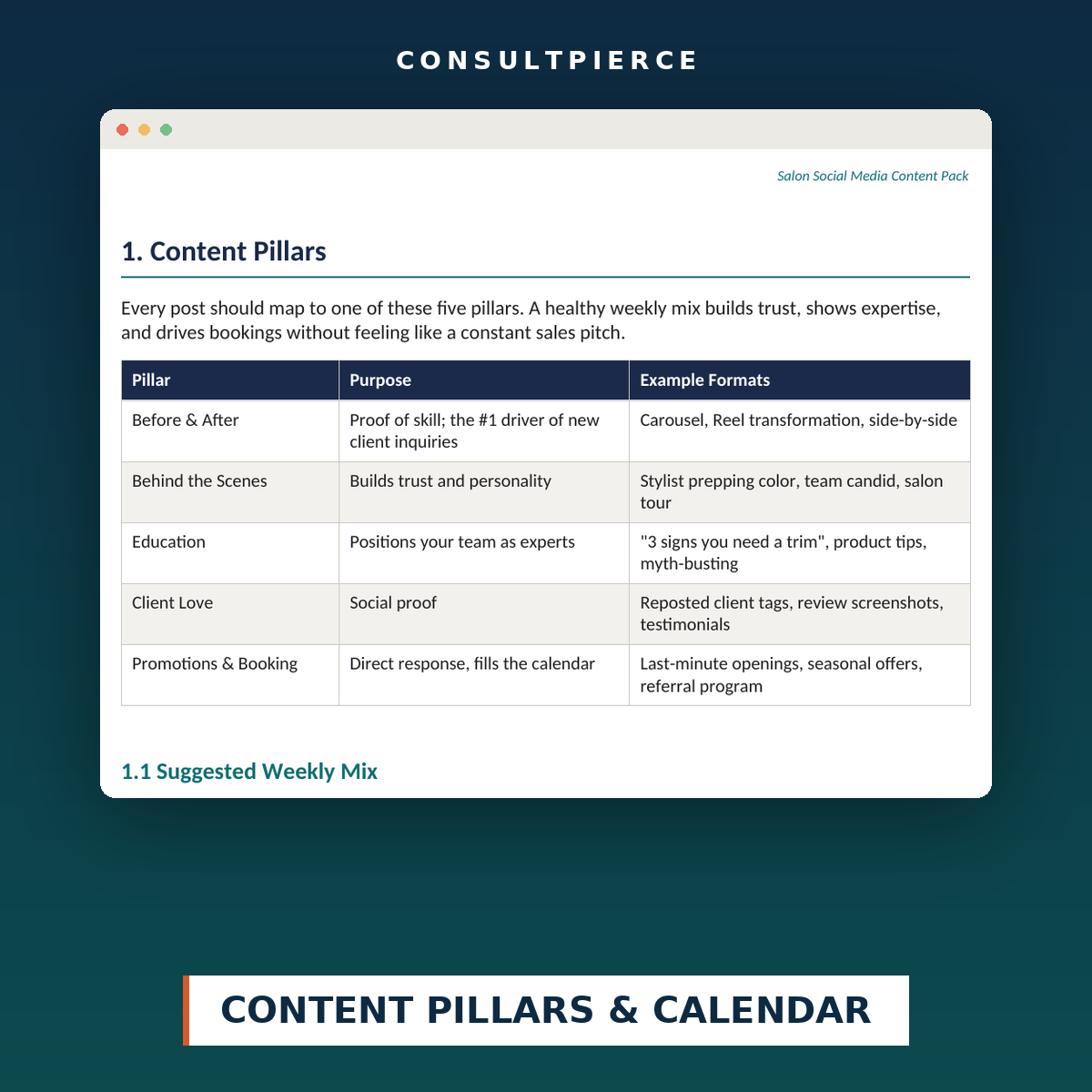 Salon Social Media Content Pack - Content Pillars and Calendar preview