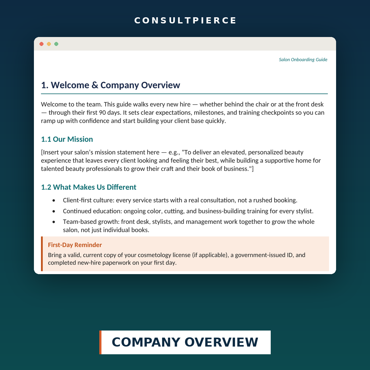 Salon Onboarding Guide - Company overview page