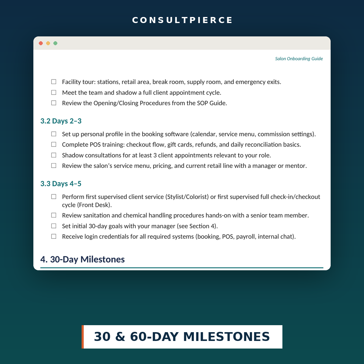 Salon Onboarding Guide - 30 and 60 day milestones page